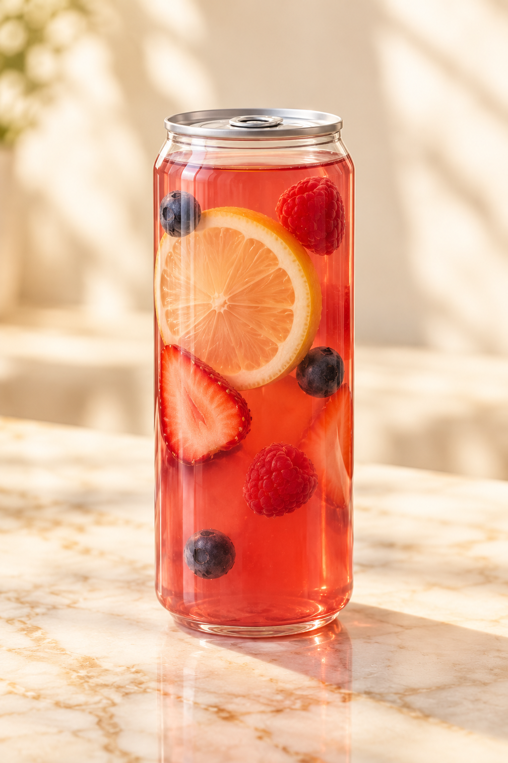 pink berry lemonade with fruit in a clear can