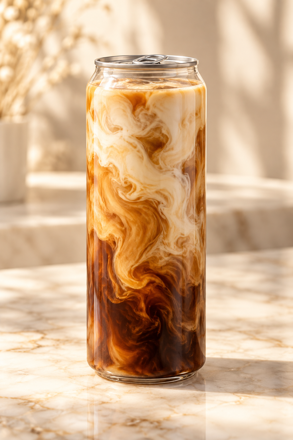 caramel coffee with cream swirls in a clear can