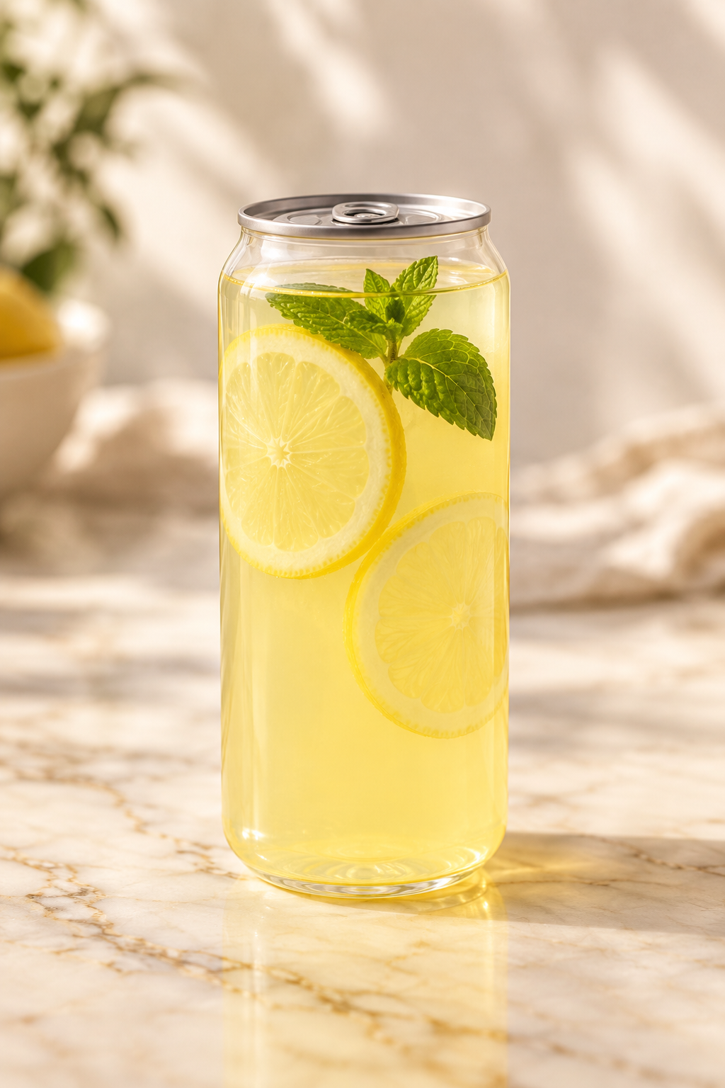 yellow lemonade with lemon and fresh mint in a clear can
