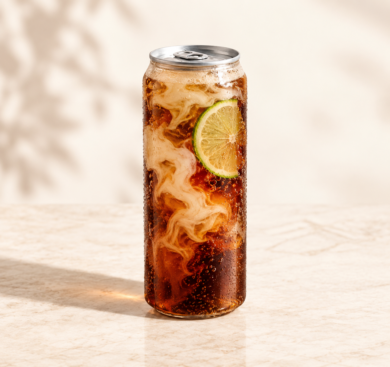 cola, lime and cream in a clear can