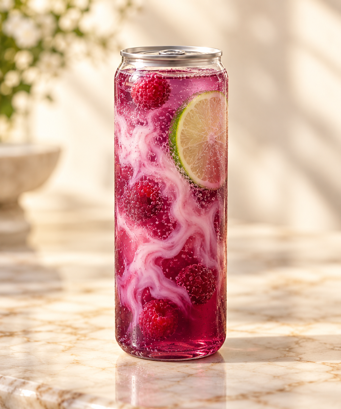 purple raspberry-lime energy drink with cream in a clear can