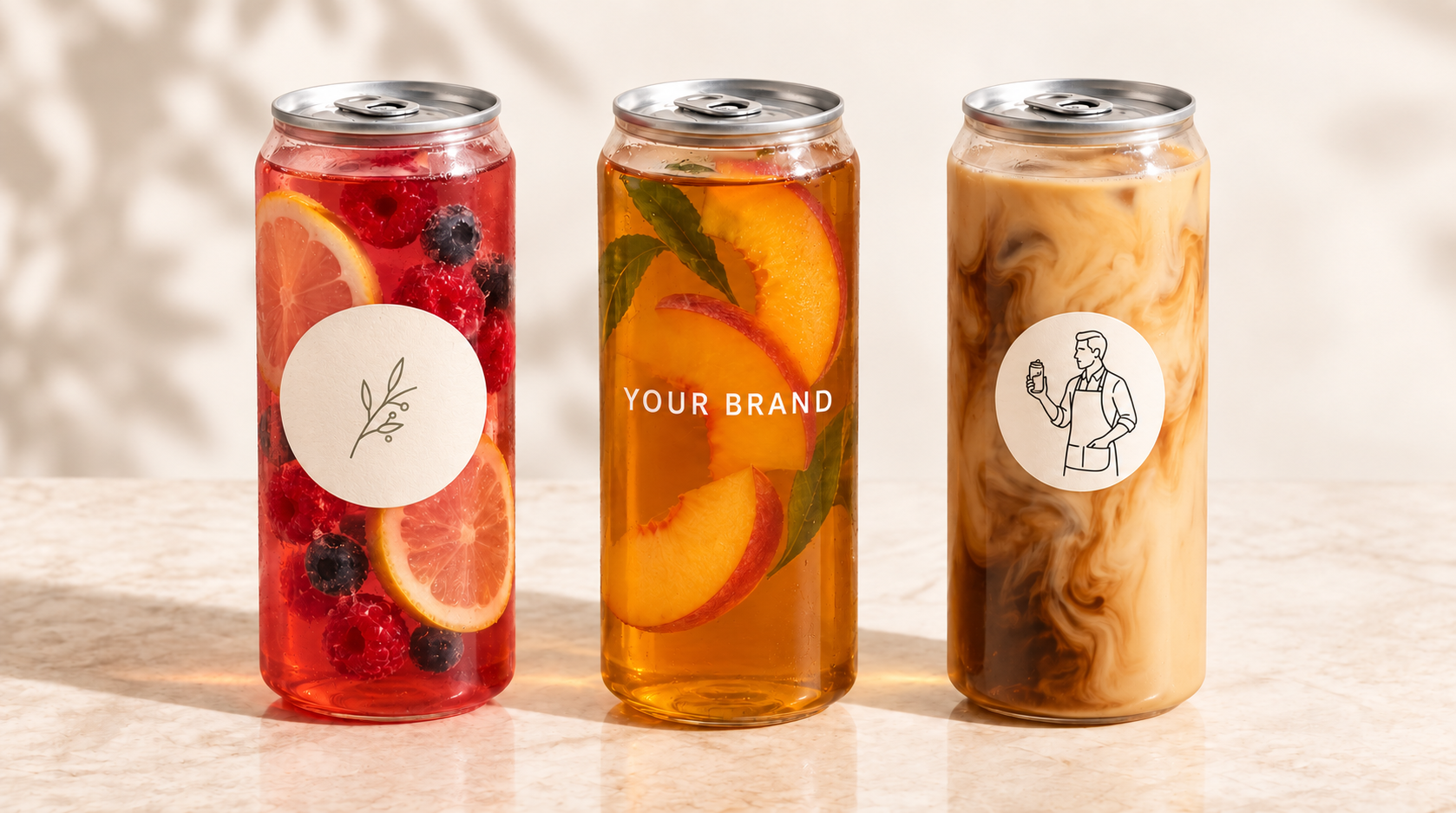 Three canned drinks showing a sticker label, custom vinyl lettering, and The Liquid Provisioner label