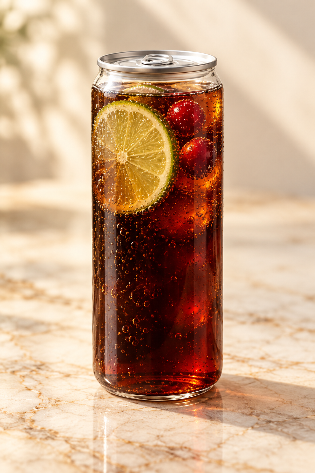 dark cranberry-lime cola in a clear can