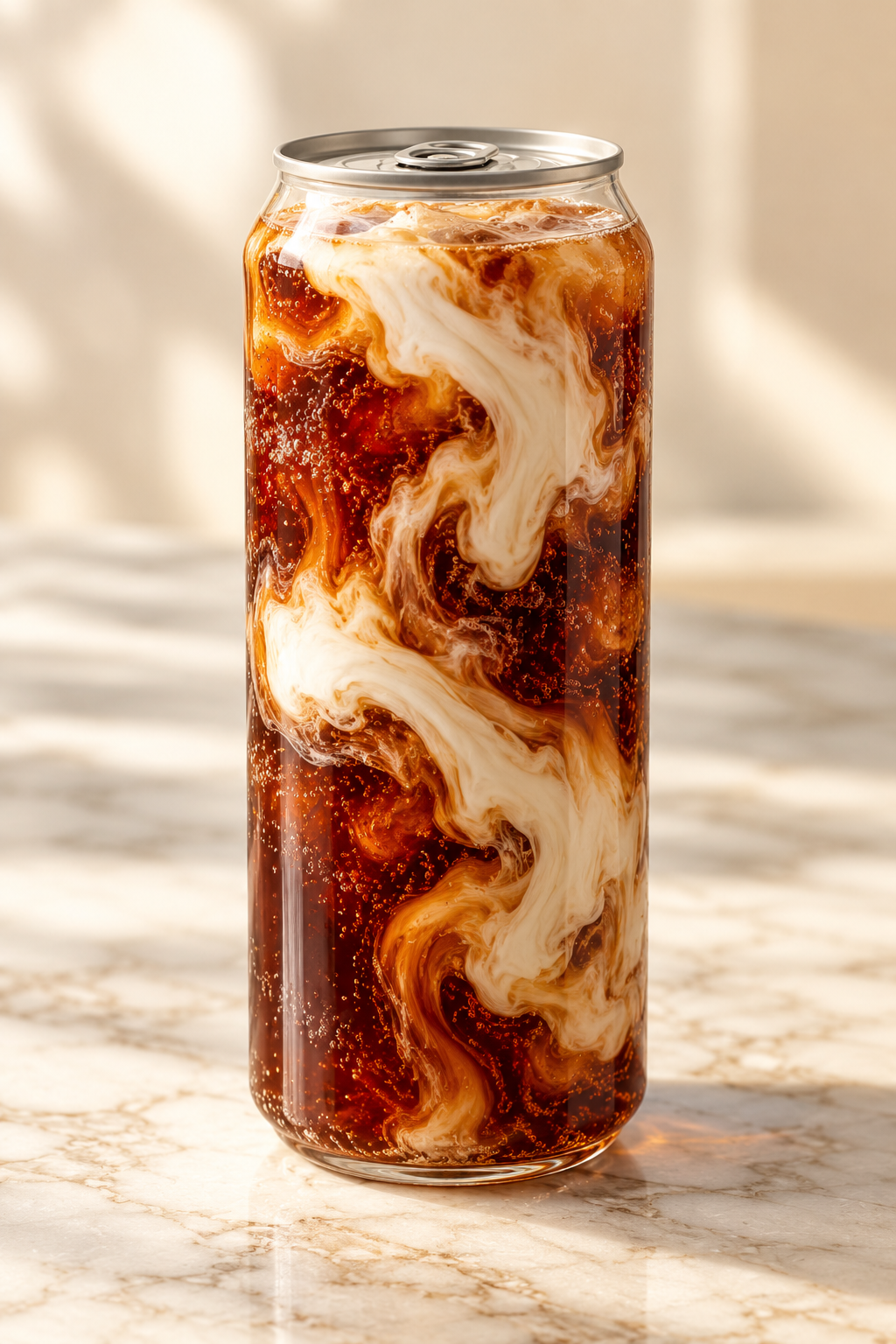 cola and coconut cream in a clear can
