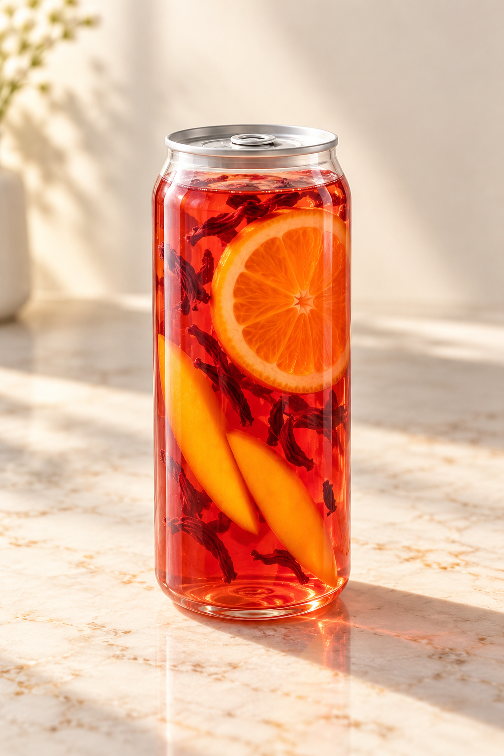 ruby mango hibiscus tea in a clear can