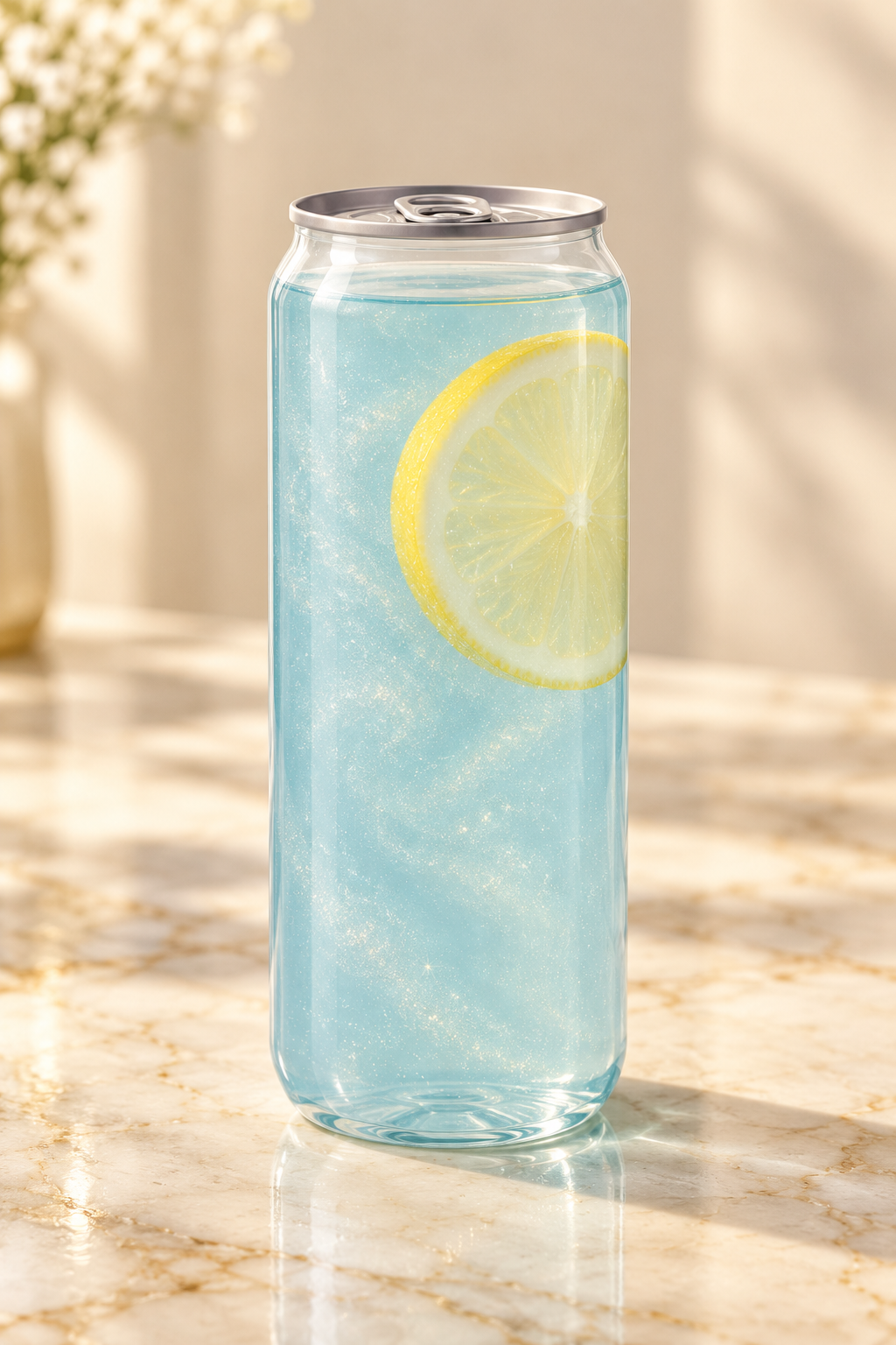 Blue lemonade with lemon in a clear can