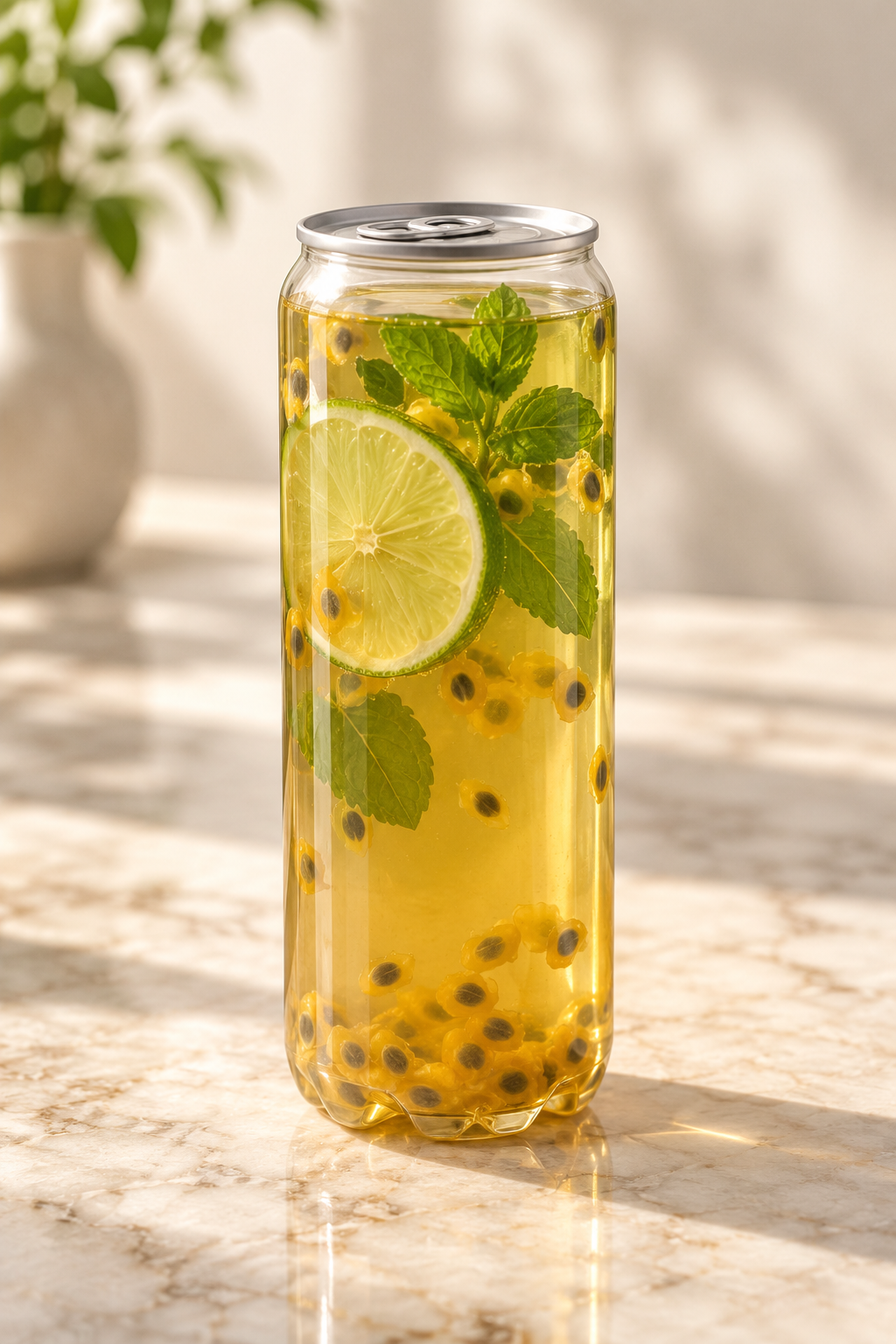 green tea with lime and mint in a clear can