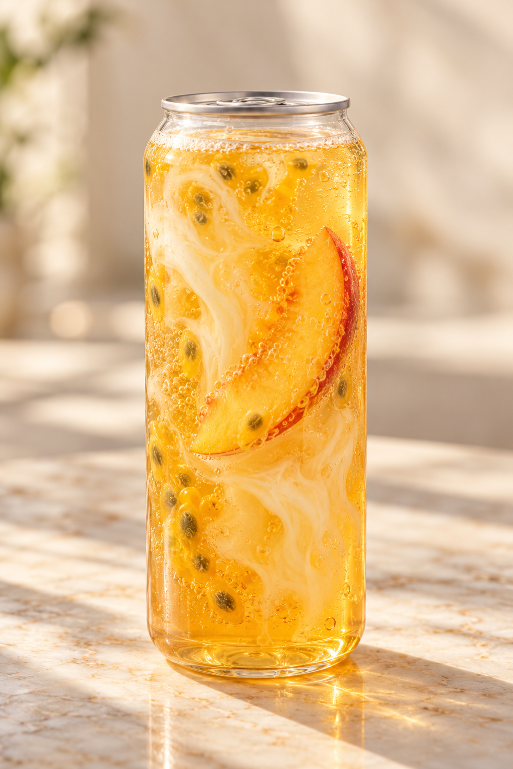 golden peach energy drink with cream in a clear can