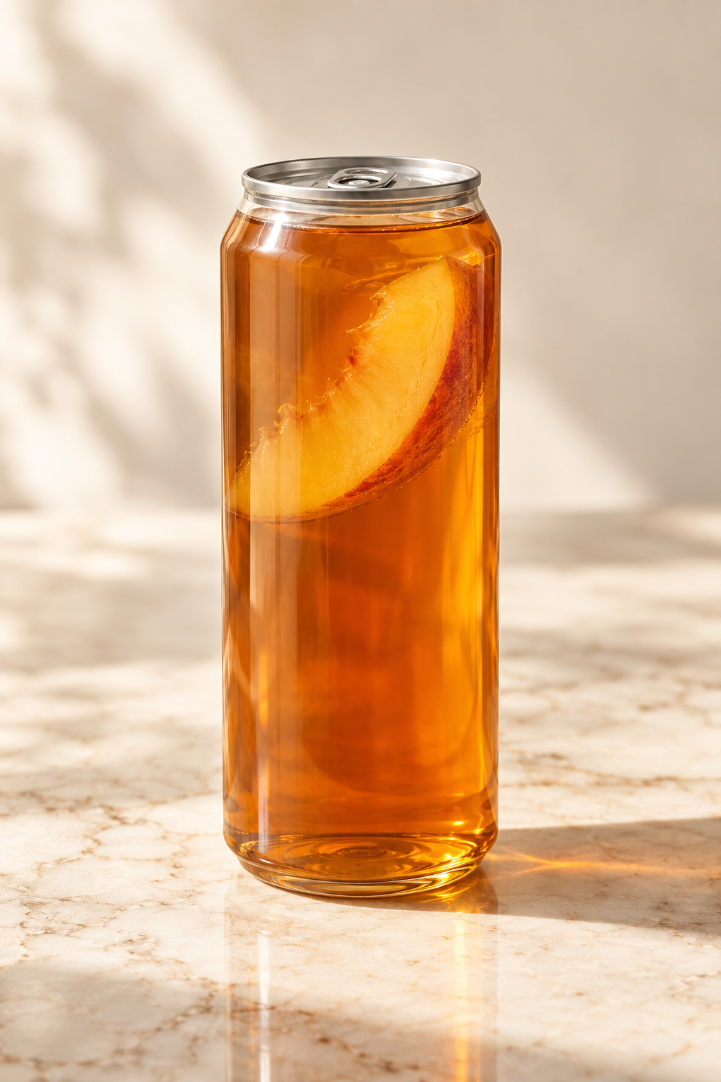 amber peach black tea in a clear can
