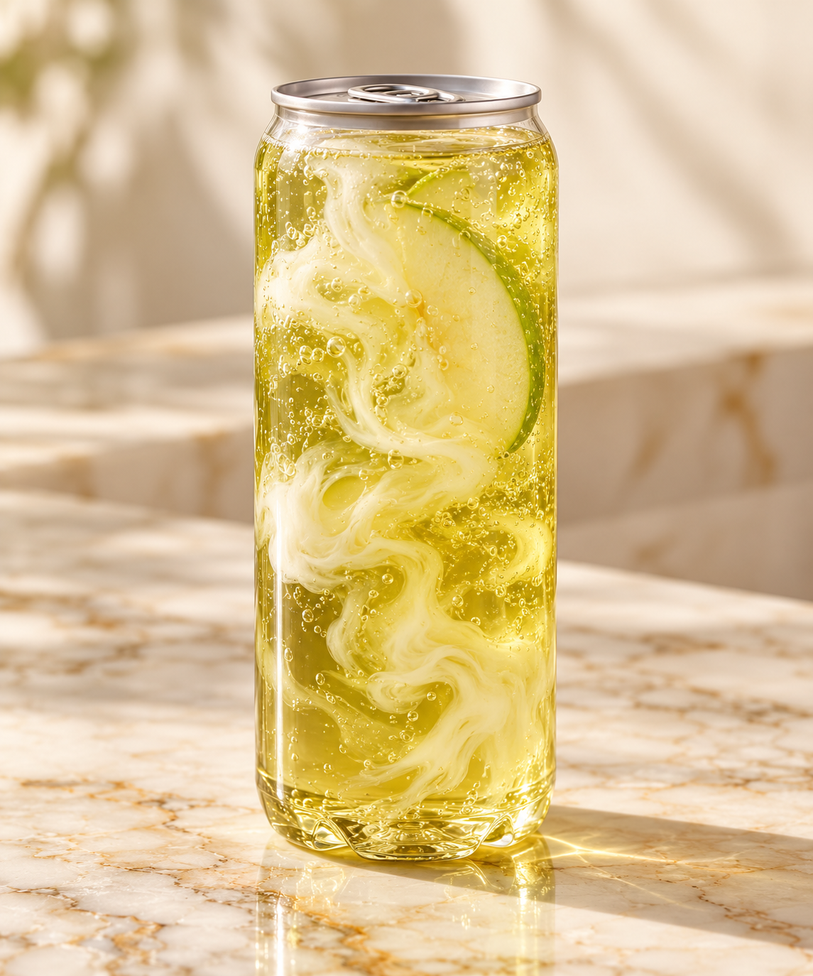 golden apple energy drink with cream in a clear can